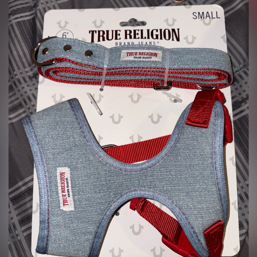 True Religion Blue and Red Dog Harness Set